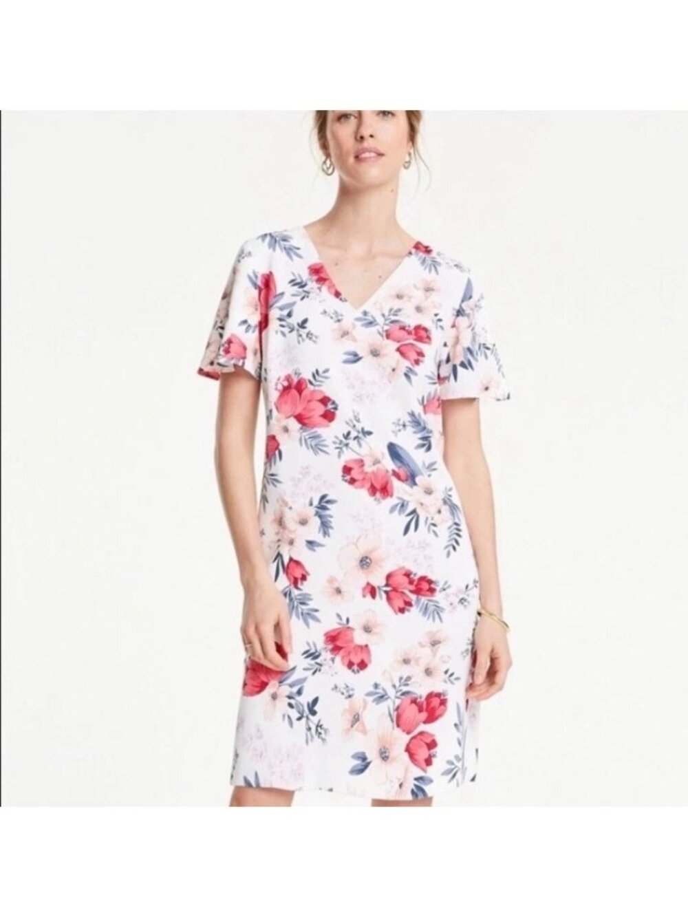 Ann Taylor Shift Dress Fully Linen Large Petite Pink Floral Print V Neck Flutter